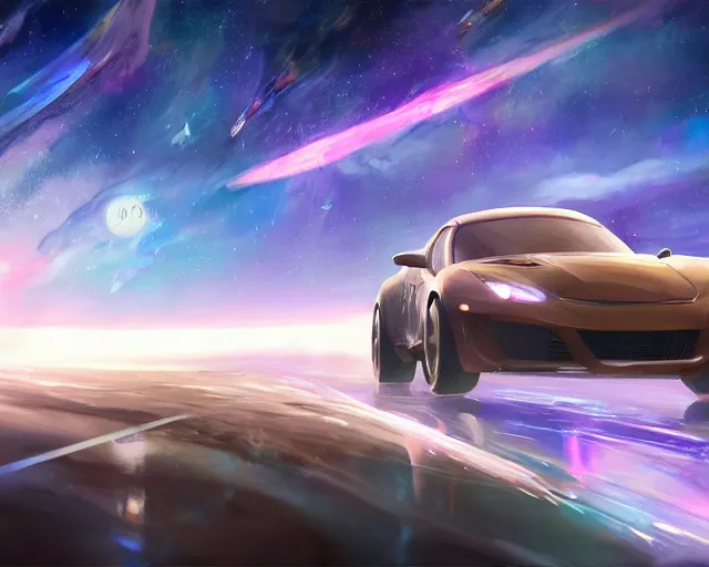 Prompt: a car in space, cosmic skies. 8 k, octane render. by makoto shinkai, stanley artgerm lau, wlop, rossdraws, james jean, andrei riabovitchev, marc simonetti, krenz cushart, sakimichan, d & d trending on artstation, digital art.