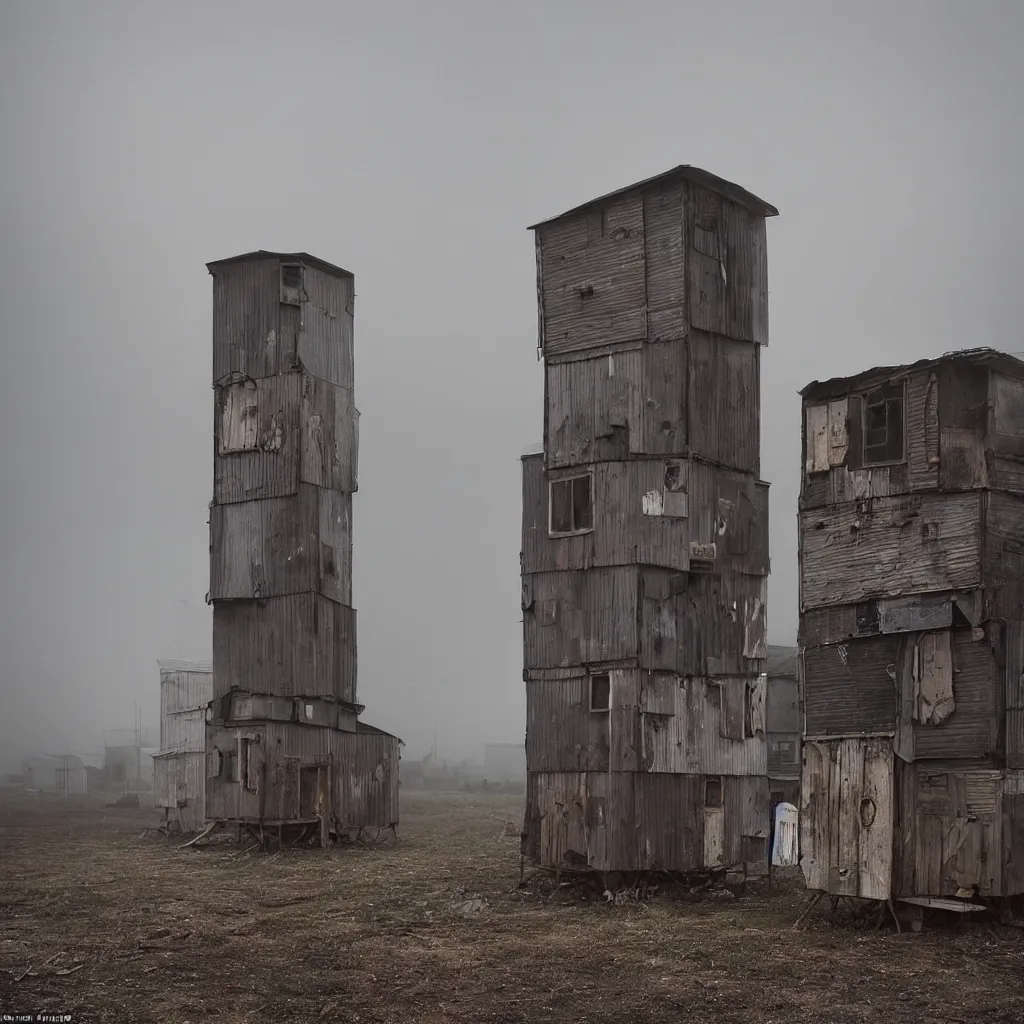 Image similar to two towers, made up of makeshift squatter shacks with faded colours, moody sky at the back, uneven fog, dystopia, mamiya, f 1 1, fully frontal view, ultra sharp, very detailed, photographed by julie blackmon