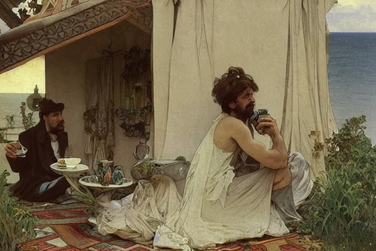 Prompt: a matte painting of a man sitting down and having a cup of tea in his house by the beach, by greg rutkowski, by alphonse mucha, muted colors