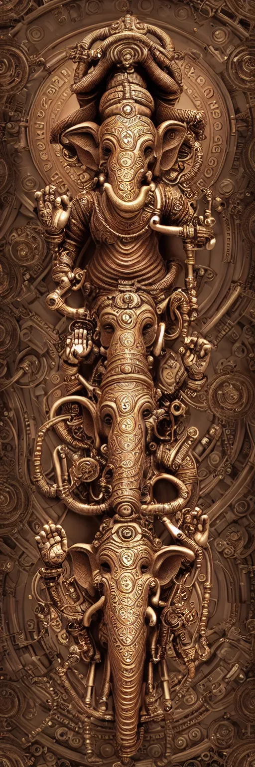 Image similar to seamless pattern of steampunk cybernetic biomechanical hindu god ganesha, symmetric, 3 d model, very coherent symmetrical artwork, unreal engine realistic render, 8 k, micro detail, intricate, elegant, highly detailed, centered, digital painting, artstation, smooth, sharp focus, illustration, artgerm, tomasz alen kopera, wlop