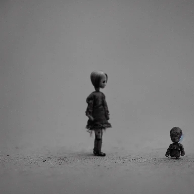 Prompt: a tilt shift photo of a creepy sad doll. Silver Gelatine Process