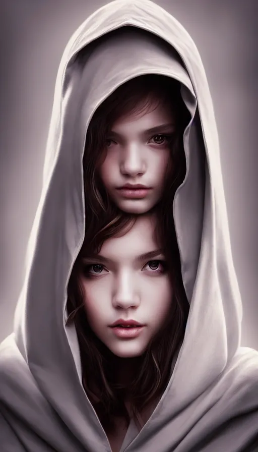 Prompt: photo of a gorgeous young girl hooded in the style of stefan kostic, realistic, sharp focus, 8k high definition, high fashion, vogue, insanely detailed, intricate, elegant, art by stanley lau and artgerm, sigma 85mm art