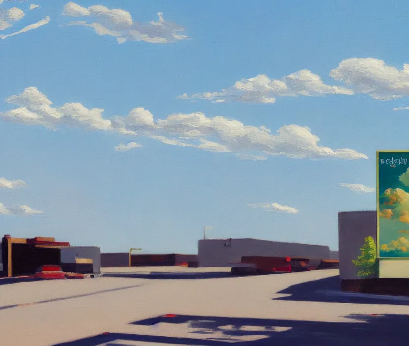 Image similar to a very detailed painting of one ad billboard, baby blue sky with very aesthetic stylized clouds, in the style of edward hopper, very small brushstrokes, 4 k,