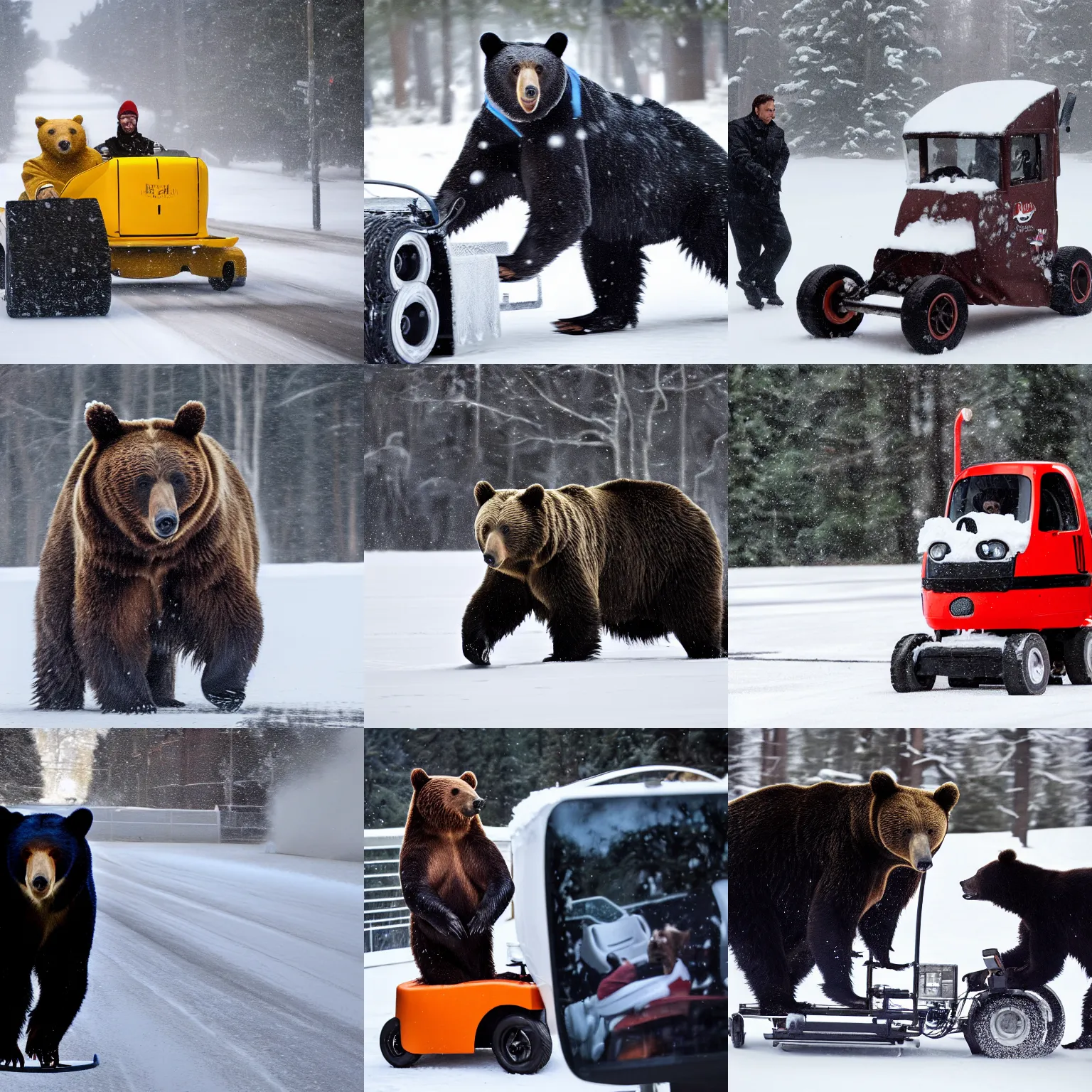 Prompt: bear with human nicolas cage face driving zamboni in snow, photography 4 k