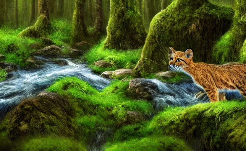 Prompt: wild cats in a clear water stream in a mossy fantasty forest, professional digital art, 4k ultra