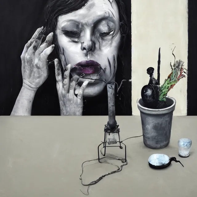 Prompt: dripping black and grey paint, white wax, sensual, a sad portrait in a female art student's apartment, grey vegetables, depression, crying, woman holding a brain from inside a painting, berries, octopus, art materials, a lamp, bottles covered in wax, neo - expressionism, surrealism, acrylic and spray paint and oilstick on canvas