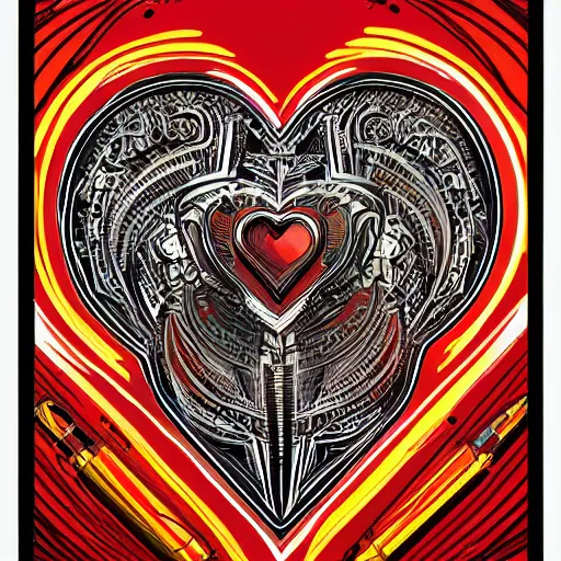 Image similar to a chrome carved heart, intricate artwork, red, orange, yellow colors, graphic style of Patrick Gleason very coherent symmetrical artwork,