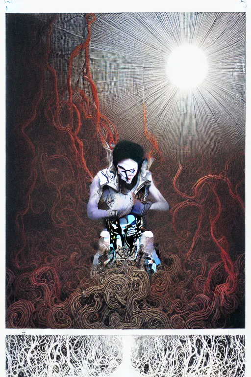 Image similar to zhongyuan festival, chinese ghost festival, king of hell, inside page of comic book, psychedelic lights and fog, in the style of zdzislaw beksinski, ayami kojima, takato yamamoto, barclay shaw, karol bak, glowing light and shadow, hyperrealist