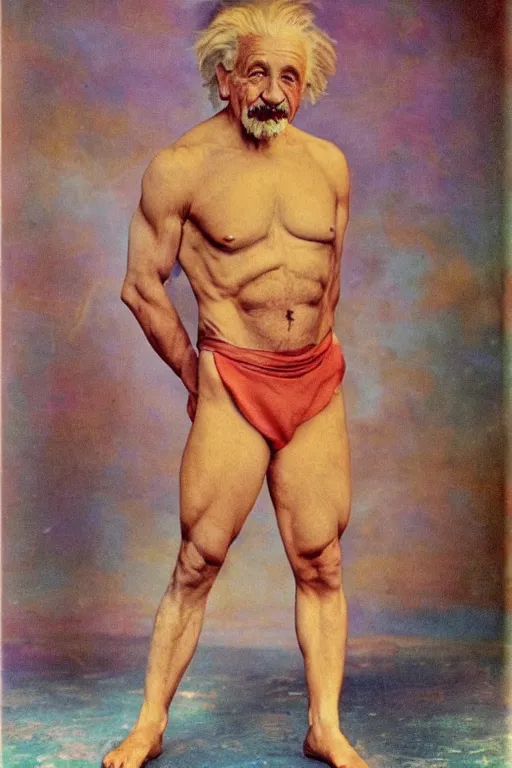 Prompt: colorful photograph of muscular albert einstein