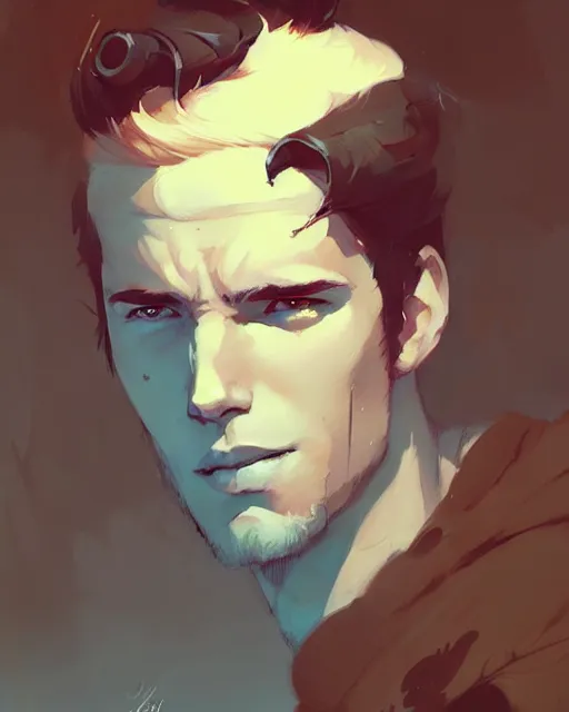 Image similar to portrait of beautiful male jon berntral by atey ghailan, by greg rutkowski, by greg tocchini, by james gilleard, by joe fenton, by kaethe butcher, dynamic lighting, gradient light blue, brown, blonde cream and white color scheme, grunge aesthetic