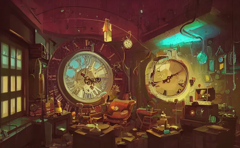 Prompt: Inside an old clock store by Petros Afshar and Beeple, James Gilleard, Mark Ryden, Wolfgang Lettl highly detailed