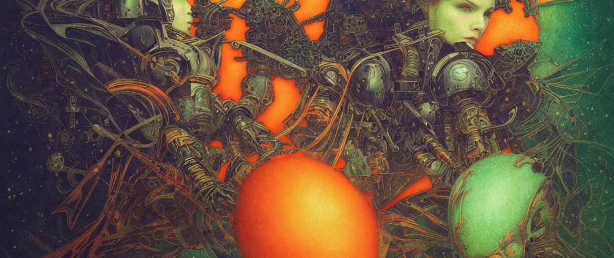 Prompt: composition gothic of and futuristic, warhammer, cyber armor, scars, storm, blue head, orange, green, juice, many mechflowers, the middle ages, highly detailed, artstation, in the style of moebius, jugendstil and classic japanese print, art by agostino arrivabene, vanessa beecroft