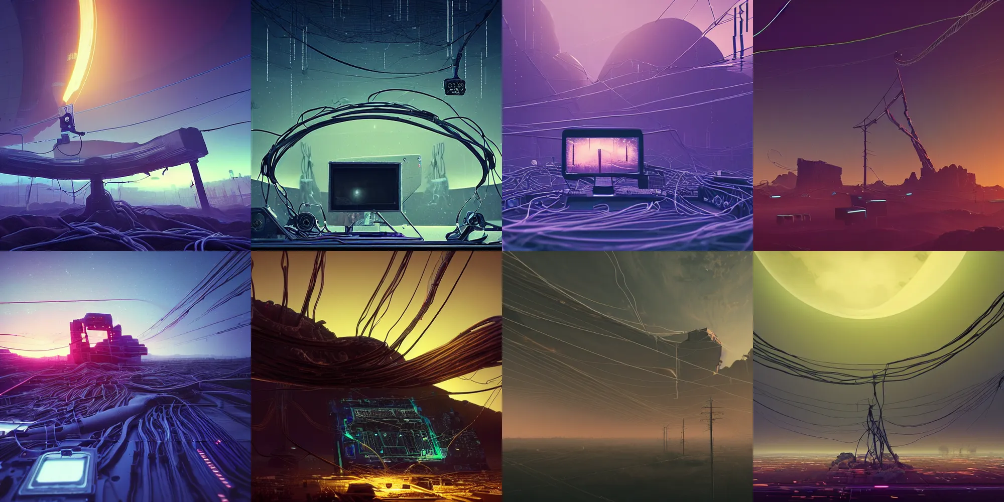 Prompt: beautiful dark landscape, giant old broken computer, cables and wires, in the style of beeple and Mike Winkelmann, intricate, epic lighting, cinematic composition, hyper realistic, 8k resolution, unreal engine 5,