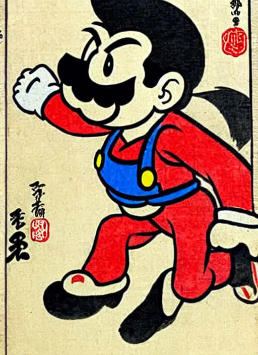 Image similar to super mario as a yokai illustrated in the style of kawanabe kyosai and toriyama sekien