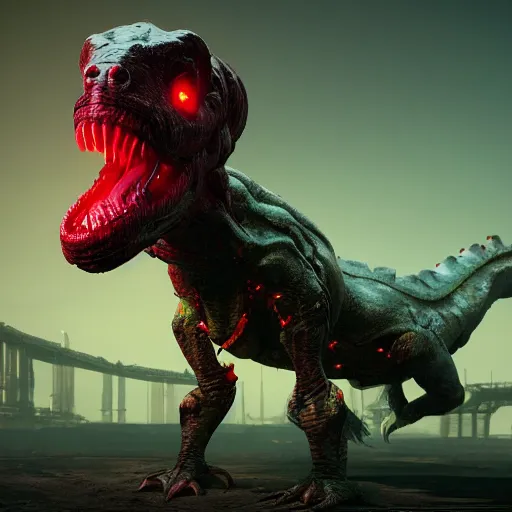 Image similar to A biopunk tyrannosaurus with glowing red eyes, bioluminescence, volumetric lighting, 8k, octane render, by Beeple and feng Zhu, trending on ArtStation