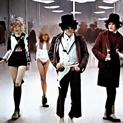 Prompt: A Clockwork Orange, women droogs, 1971 photography, female hooligans, shaggy haired punks, dystopian England