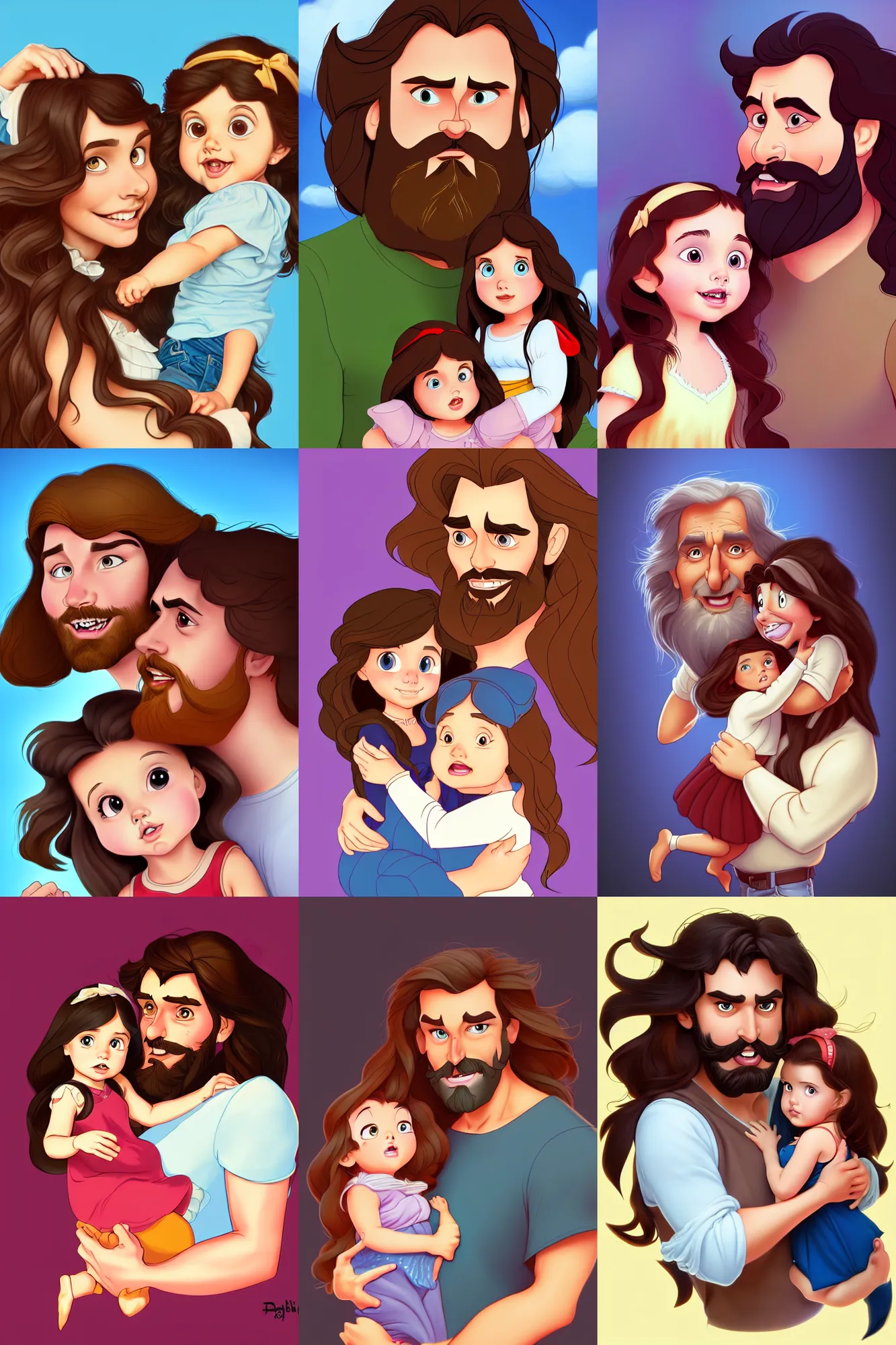 Image similar to a long - haired bearded father and his brunette child toddler girl full color digital illustration in the style of don bluth, artgerm, artstation trending, 4 k