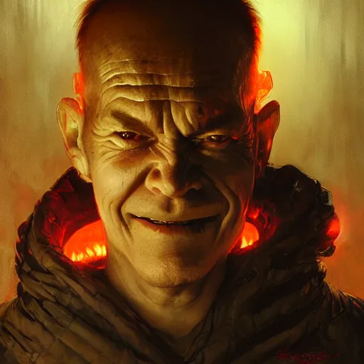 Image similar to portrait of a red bald man with black eyes and a black smile, horror, glowing eyes, by Stanley Artgerm Lau , greg rutkowski, thomas kindkade, alphonse mucha, loish, norman rockwell. Trending on artstation detailed illustration hd 4k