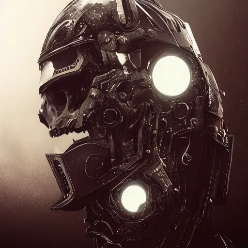 Prompt: black and white cyberpunk style dark bio metal skull, abalone pearl iridescence mecha hard-surface, cyberpunk, hyper realistic, cinematic, unreal engine, 3D, 8K, imagined by Ash Thorp, Tsutomu Nihei, Ghost In The Shell, Akira