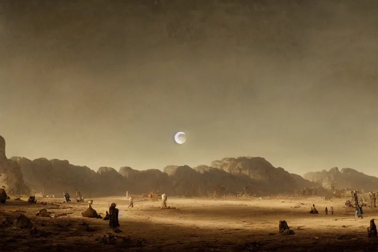 Prompt: ghosts on the desert, moon on the horizon, the most extreme loneliness and an enormous silence all around, in the style of samuel prout, highly detailed, elegant, intrincate, colorful, vivid, realist style, hyperdetailed, 4 k resolution, matte painting