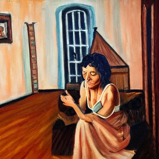 Image similar to A woman thinks she's in an ordinary house, but there are clues that she's actually in hell. Painting