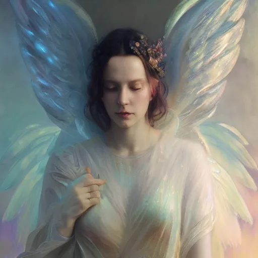 Image similar to high quality painting of beautiful radiant angel, glorious supernatural power, mystical purity, bright halo, symmetrical full body, holographic translucent wings. glowing turbulent mist, smooth white and soft by ruan jia, tom bagshaw, alphonse mucha, vray render, artstation, deviantart, pinterest