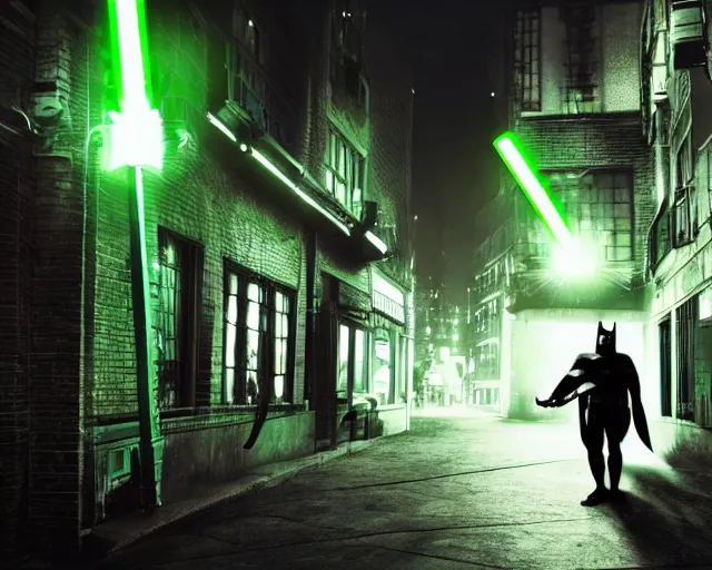 Image similar to a photograph of Batman holding a green lightsaber in a dark city alleyway at nighttime