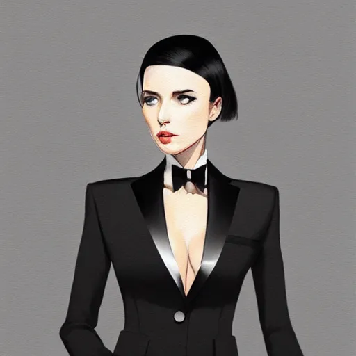 Prompt: slim girl in black tuxedo, corporate boss, luxury, 2d, ultra highly detailed, smooth, sharp focus, digital art, digital painting, elegant, artstation, by Ilya Kuvshinov