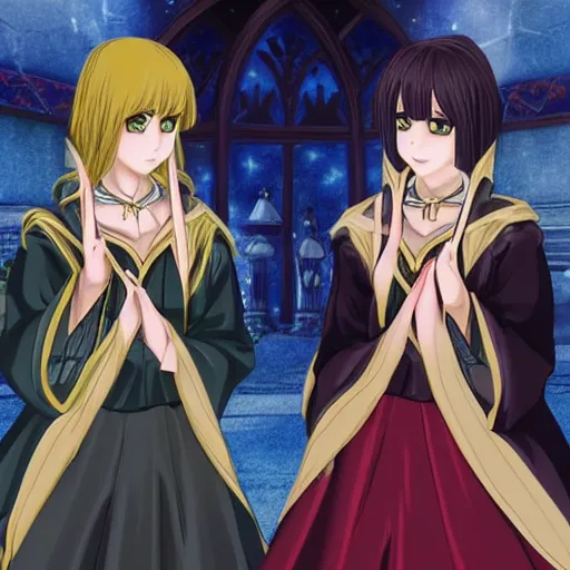 Image similar to a scene of two identical beautiful female mages standing face to face, full of detail, anime style