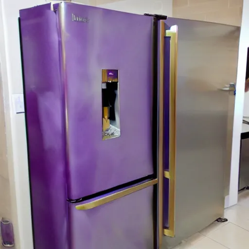 Prompt: refrigerator with wings in a purple tornado