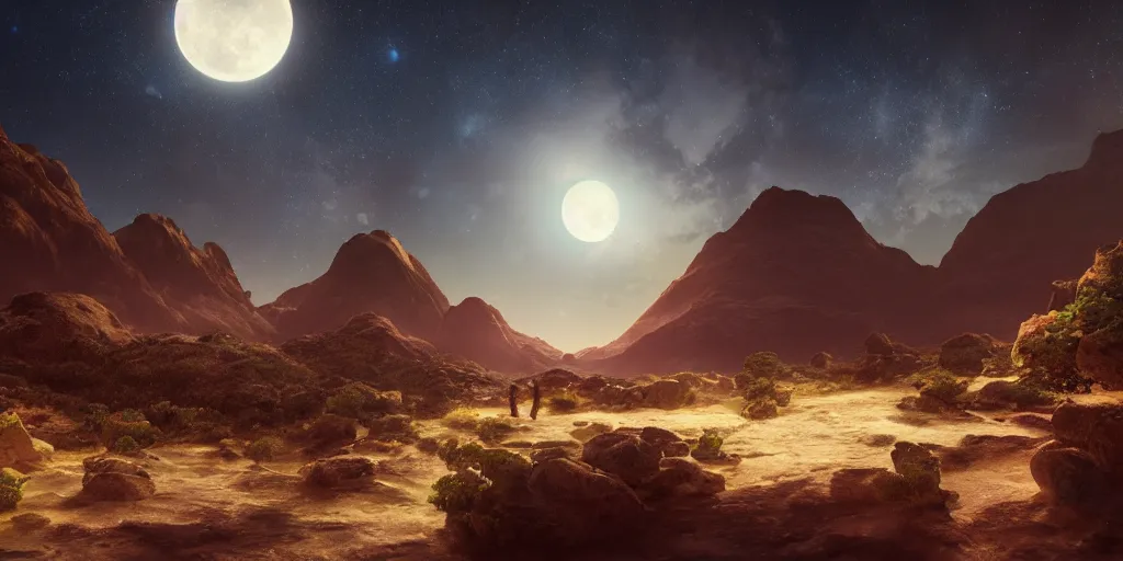 Image similar to dreamy moonlit landscape of a socotra island, realistic detailed digital art by Maxwell Boas Jessica Rossier Christian Dimitrov Anton Fadeev trending on Artstation CGSociety rendered in Unreal Engine 4k HQ