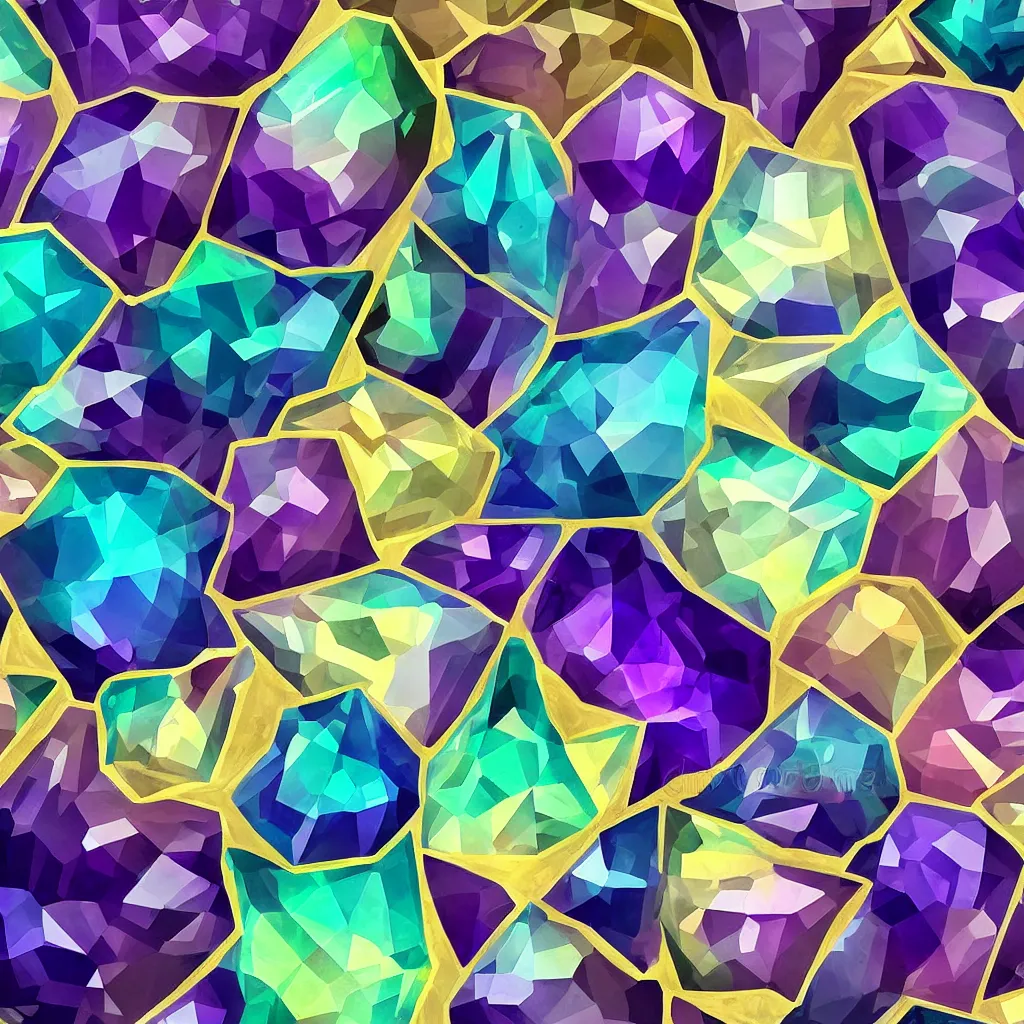 Image similar to amethyst geo gemstone prism multicolor gold liquid emeraud pearl quartz saphir grenat fluorite stylized digital illustration video game icon