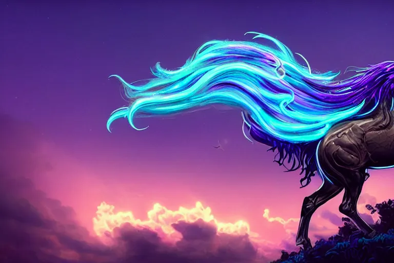 Image similar to a stunning horse with bioluminescent mane and tail running in the clouds by sandra chevrier and greg rutkowski, neon hooves, purple blue color scheme, vaporware, retro, outrun, high key lighting, volumetric light, digital art, highly detailed, fine detail, intricate, ornate, complex, octane render, unreal engine, photorealistic