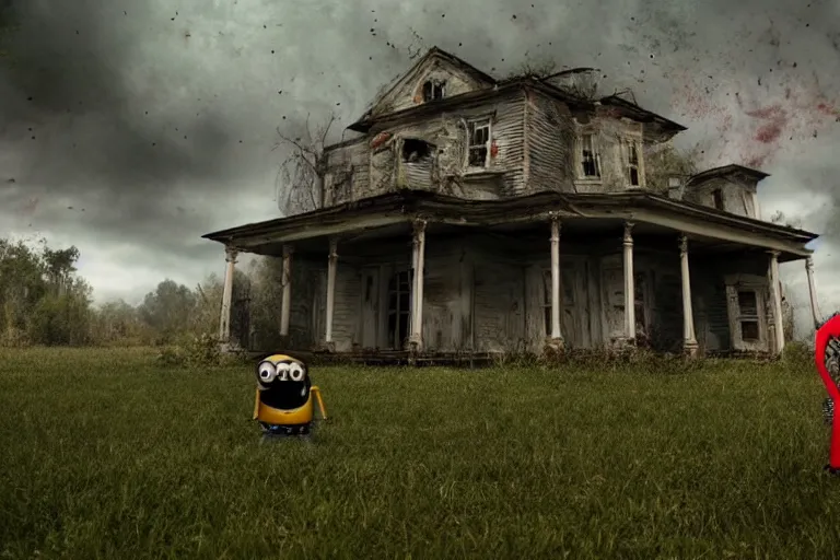 Image similar to a still gru shooting minions, horror movie, scary, horror, blood, lonely abandoned house, motion blur