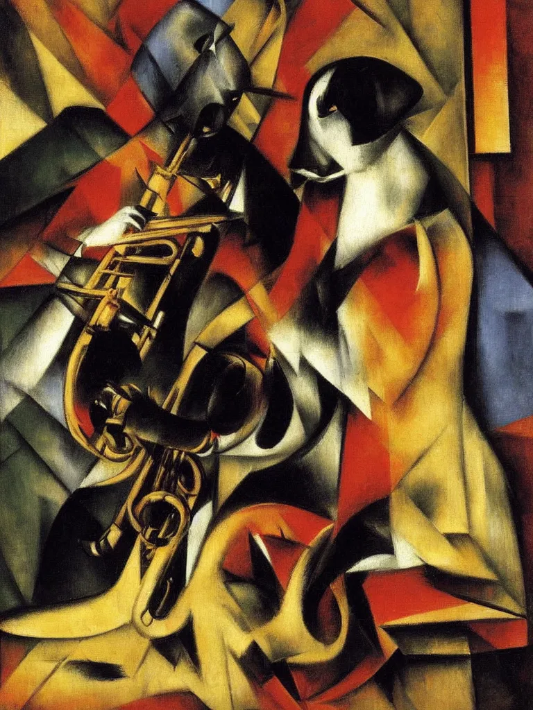 Prompt: dog playing the saxophone, sitting on the couch, medieval portrait, by franz marc