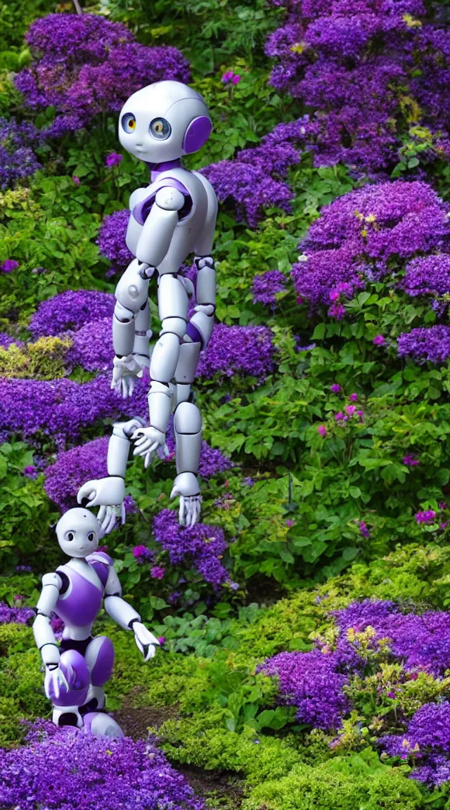 Prompt: single toy humanoid robot in a garden looking around, hyper detailed, sharp focus, bokeh, unreal engine, ray tracing, cute, fantasy, sci fi, purple flowers, blue flowers, violet flowers, glowing flowers, tiny, small, hyper realistic, sky