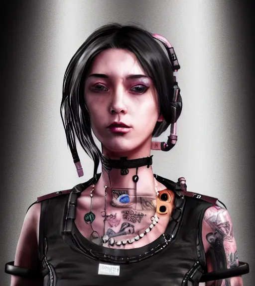 Image similar to detailed realistic female character cyberpunk wearing thick steel collar around neck, realistic, art, beautiful, 4K, collar, choker, collar around neck, punk, artstation, detailed, female, woman, choker, cyberpunk, neon, punk, collar, choker, collar around neck, thick collar, tight around neck, punk,