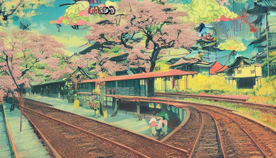 Prompt: Japan rural splendor rail travel and touring c2050, surrealist psychedelic photo-collage painting spot illustration in the style of Newsweek magazine, +81 magazine, muted deep neon color, clean slick design