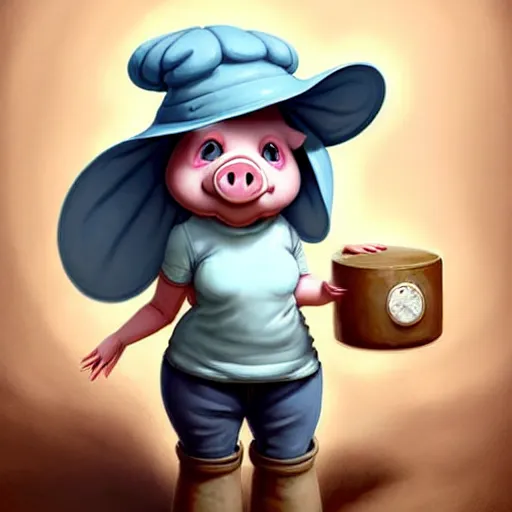 Image similar to cute little anthropomorphic funny female pig wearing shorts, a hat, boots and a pale blue shirt!! tiny!! fully clothed!!! small, short, cute and adorable, character art portrait, matte fantasy painting, deviantart artstation, by jason felix by steve argyle by tyler jacobson by peter mohrbacher, cinema