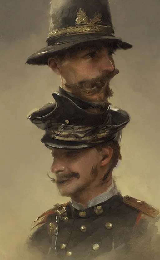 Prompt: Portrait of a victorian army officer, male, detailed face, 19th century, highly detailed, cinematic lighting, digital art painting by greg rutkowski