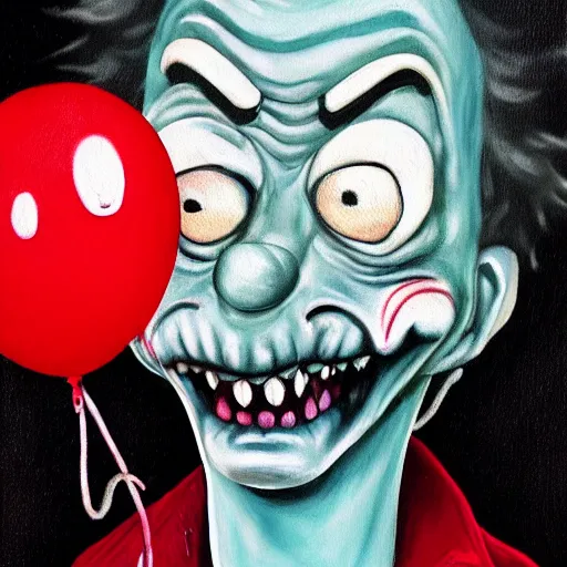 Image similar to grunge painting of rick from rick and morty with a wide smile and a red balloon by chris leib, loony toons style, pennywise style, corpse bride style, horror theme, detailed, elegant, intricate