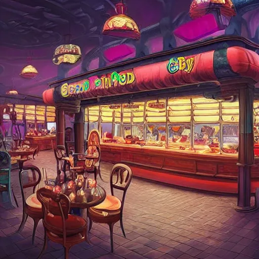 Image similar to “a fantasy fastfood restaurant called ‘Good Berry’, similar to Good Burger, fantastical ambience, food court, D&D, fantasy, intricate, cinematic lighting, highly detailed, digital painting, artstation, concept art, smooth, sharp focus, illustration, art by Artgerm and Greg Rutkowski and Alphonse Mucha”