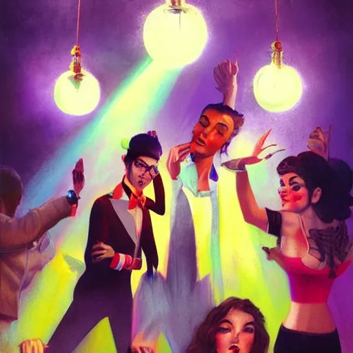 Image similar to young people in a fancy vintage nightclub dancing and drinking, partylights, great colors, by esao andrews, trending on artstation