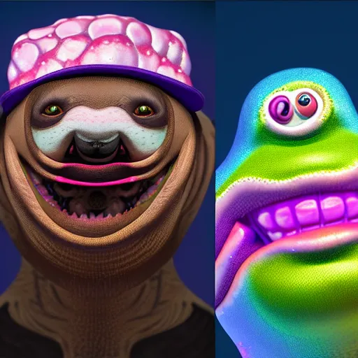 Image similar to a detailed 3 d render of a laughing pete davidson poorly disguised as a sloth in the style of junji ito and lisa frank, vray, 8 k, ornate, photorealistic, zbrush, unreal engine, cinema 4 d, octane renderer