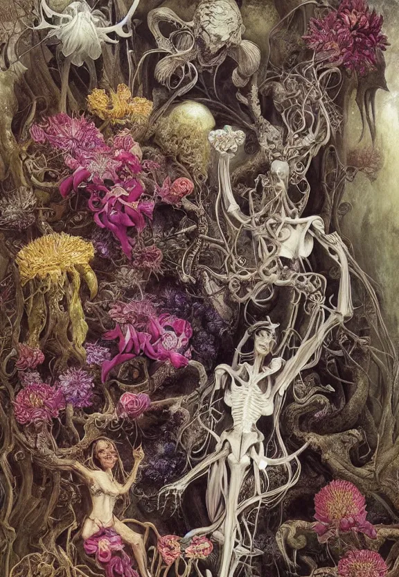 Prompt: simplicity, elegant, colorful muscular eldritch animals and bones radiating from fractal, orchids, dahlias, flowers, mandalas, white bones, by h. r. giger and esao andrews and maria sibylla merian eugene delacroix, gustave dore, thomas moran, pop art, chiaroscuro, biopunk, art nouveau