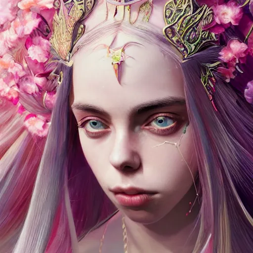 Prompt: billie eilish expressive full body photo, of beautiful angel, smooth glowing skin, ornate headpiece made from pink flowers, glamour shot, by yoshitaka amano, by greg rutkowski, by jeremyg lipkinng, by artgerm, digital art, octane render