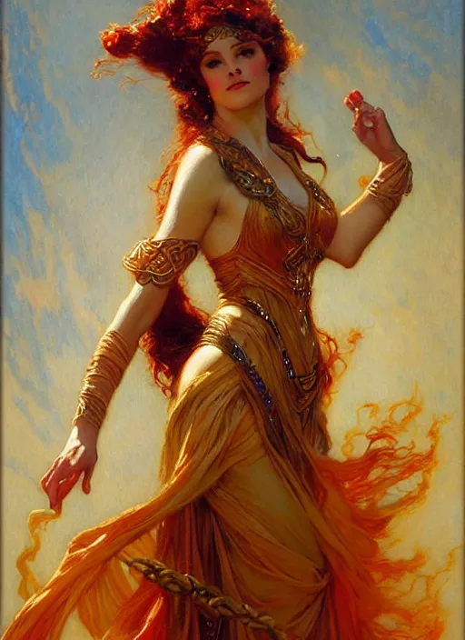 Prompt: young celtic woman, goddess of fire, flowing gown, smug expression, highly detailed painting by gaston bussiere, craig mullins, j. c. leyendecker 8 k, art nouveau