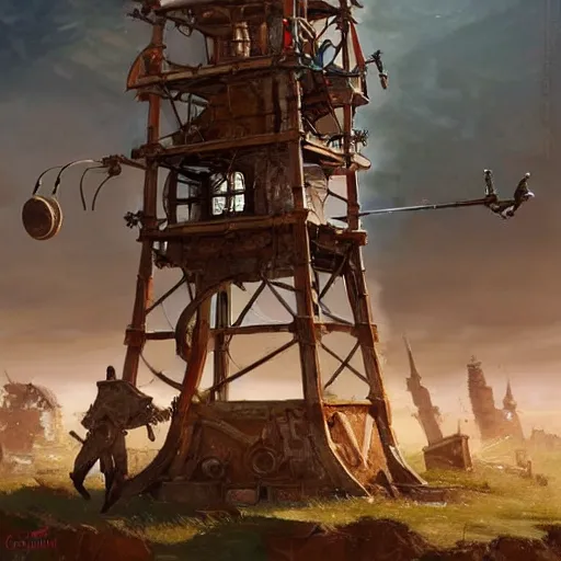 Image similar to a moving siege tower machine with cart wheels, crossbow on the tower, epic fantasy style art by Craig Mullins, fantasy epic digital art, epic fantasy card game art by Greg Rutkowski