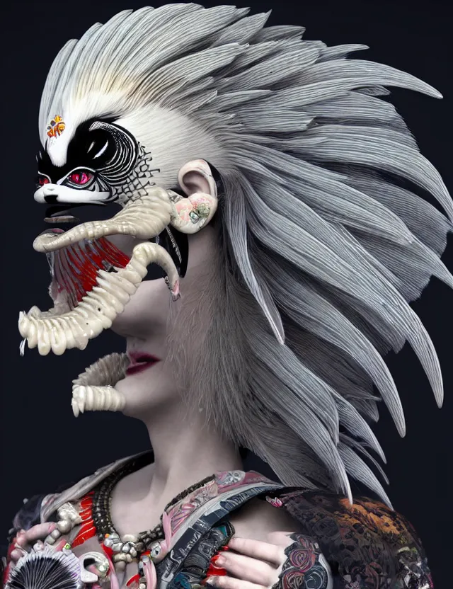 Image similar to 3 d goddess close - up profile portrait punk with mohawk with ram skull. beautiful intricately detailed japanese crow kitsune mask and clasical japanese kimono. betta fish, jellyfish phoenix, bio luminescent, plasma, ice, water, wind, creature, artwork by tooth wu and wlop and beeple and greg rutkowski