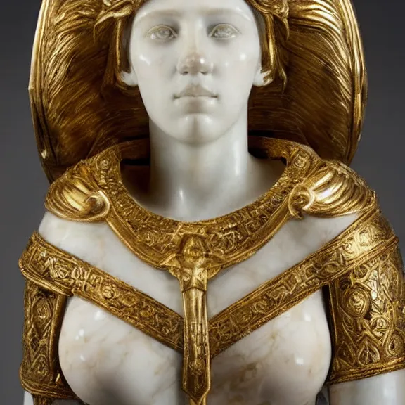 Image similar to a white art nouveau marble and gold head and torso sculpture of a worried young scarlett johansson as joan of arc with long, flowing hair, wearing intricate gold plate armor on her chest, delicate, intricate, smooth, beautiful, by charles van der stappen